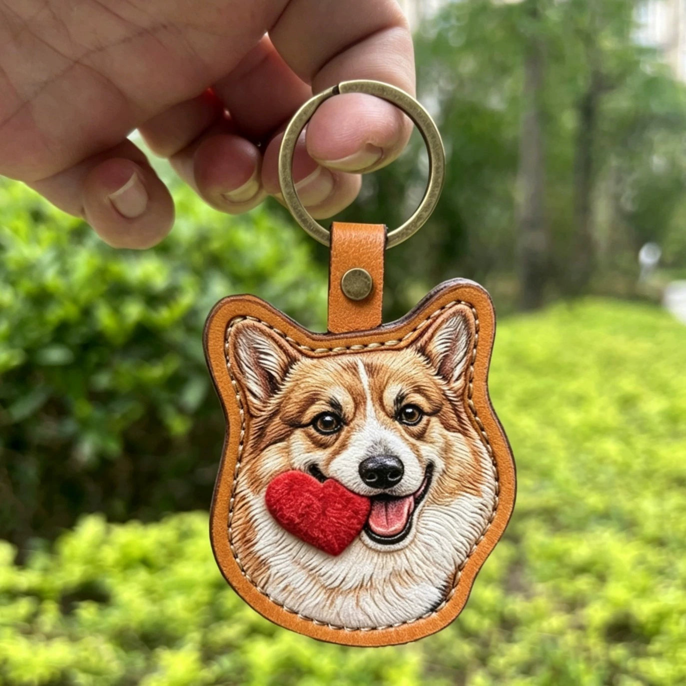 Custom pet photo leather keychain with dog portrait