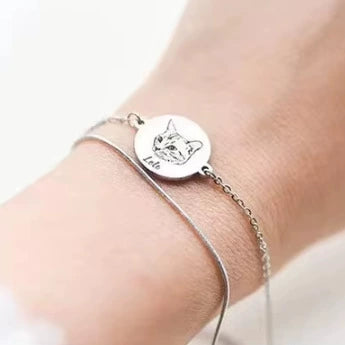 Silver custom pet portrait double-layer bracelet worn on wrist