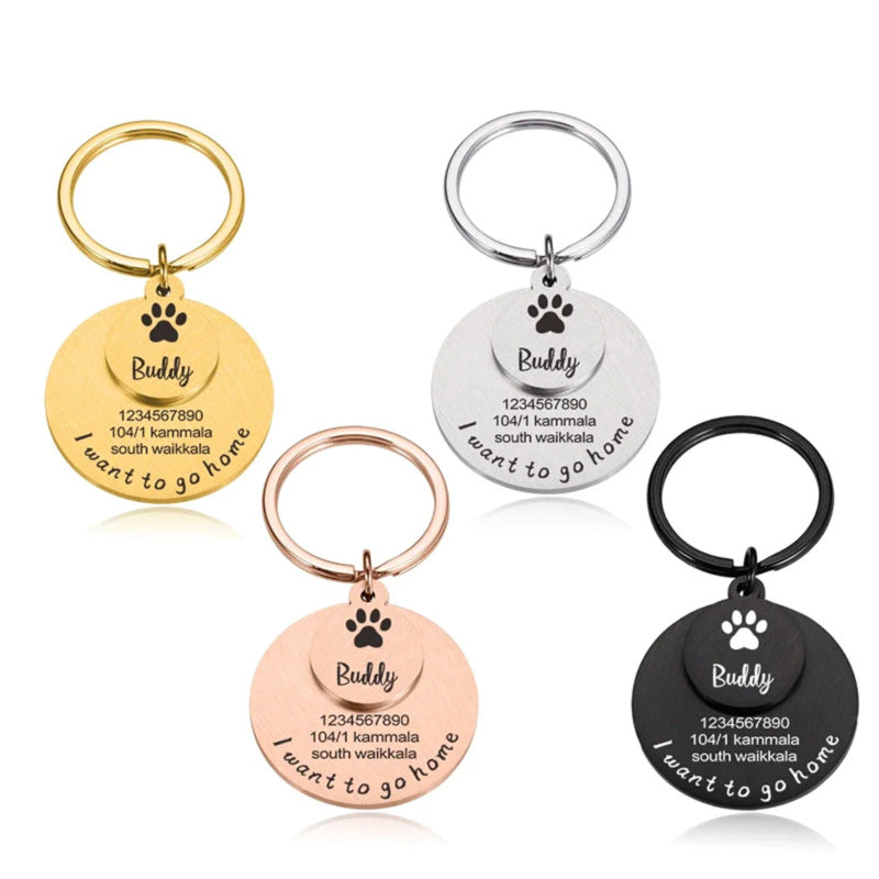 Custom engraved pet ID tag keychain in gold, silver, rose gold, and black