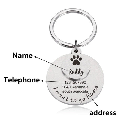 Personalized pet ID tag engraving fields for name, telephone, and address