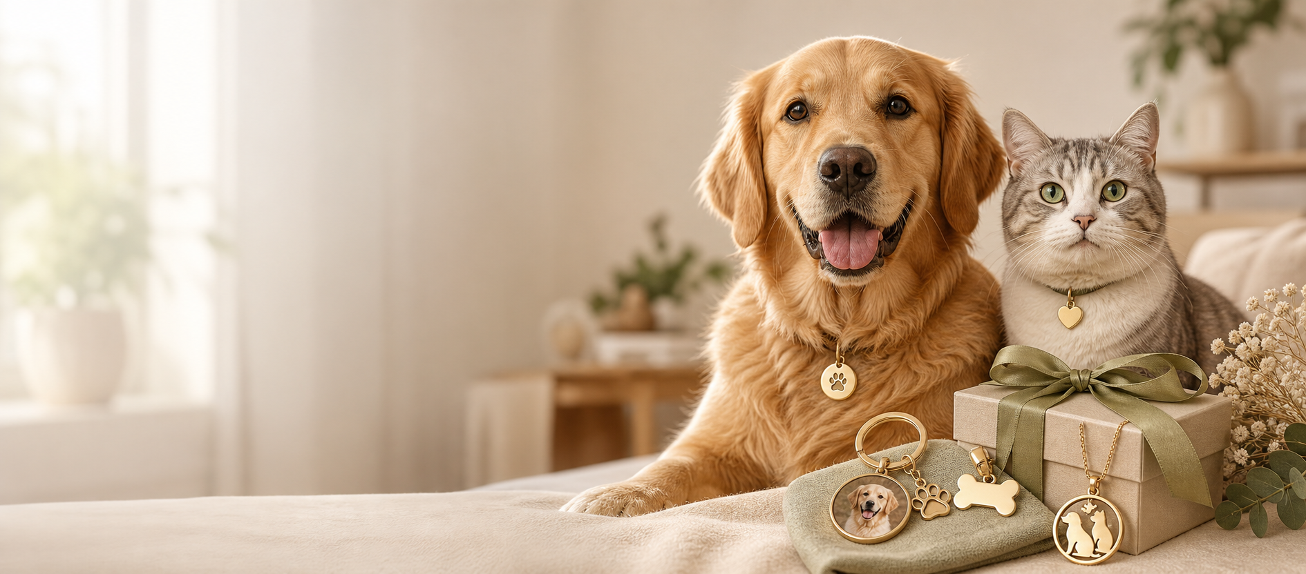 Dog and cat with personalized pet keepsakes